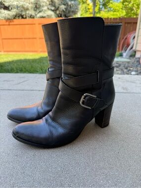 Sesto Meucci Black Leather Boots Womens 9M MidCalf Strap Buckle Block Heel Italy
